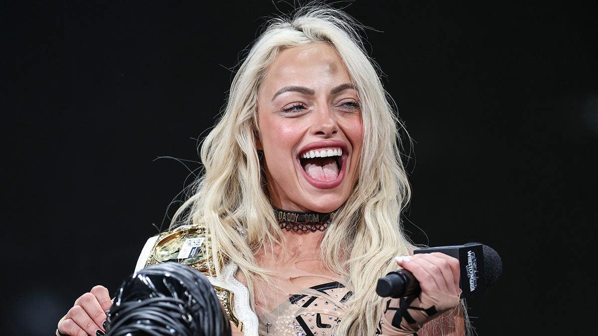 Liv Morgan speaking at the WWE Countdown event at Allegiant Stadium in Las Vegas