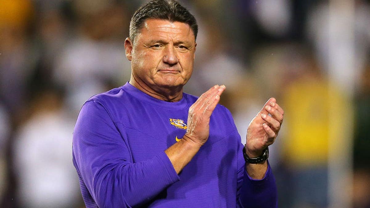LSU Tigers head coach Ed Orgeron reacting at Tiger Stadium in Baton Rouge