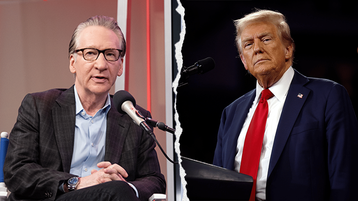 Bill Maher speaking on stage with Donald Trump in background