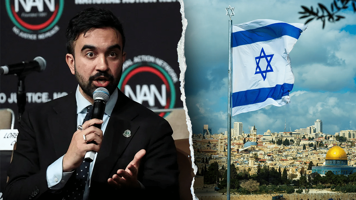 New York Mayor Zohran Mamdani standing with Israeli flag and Jerusalem cityscape in background