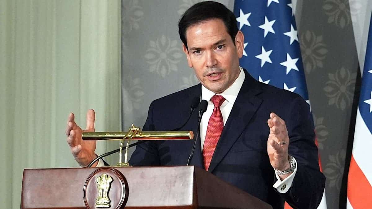 Secretary of State Marco Rubio speaking at a press conference in New Delhi