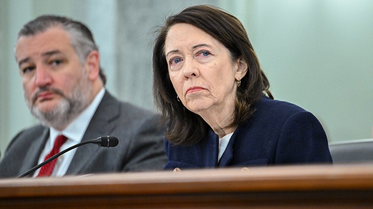 Sen. Ted Cruz and Sen. Maria Cantwell seated during a confirmation hearing in Washington D.C.