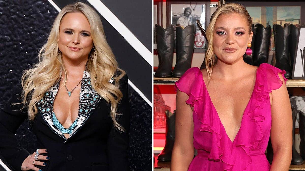 Split photo of Miranda Lambert and Lauren Alaina attending separate music industry events in 2024, posing on red carpets at UBS Arena in New York and the Ryman Auditorium in Nashville.