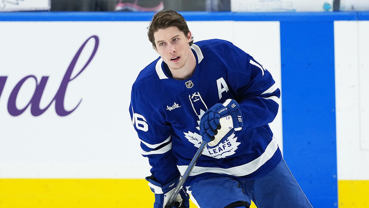 Toronto Maple Leafs right wing Mitch Marner skating on ice during warmup at Scotiabank Arena