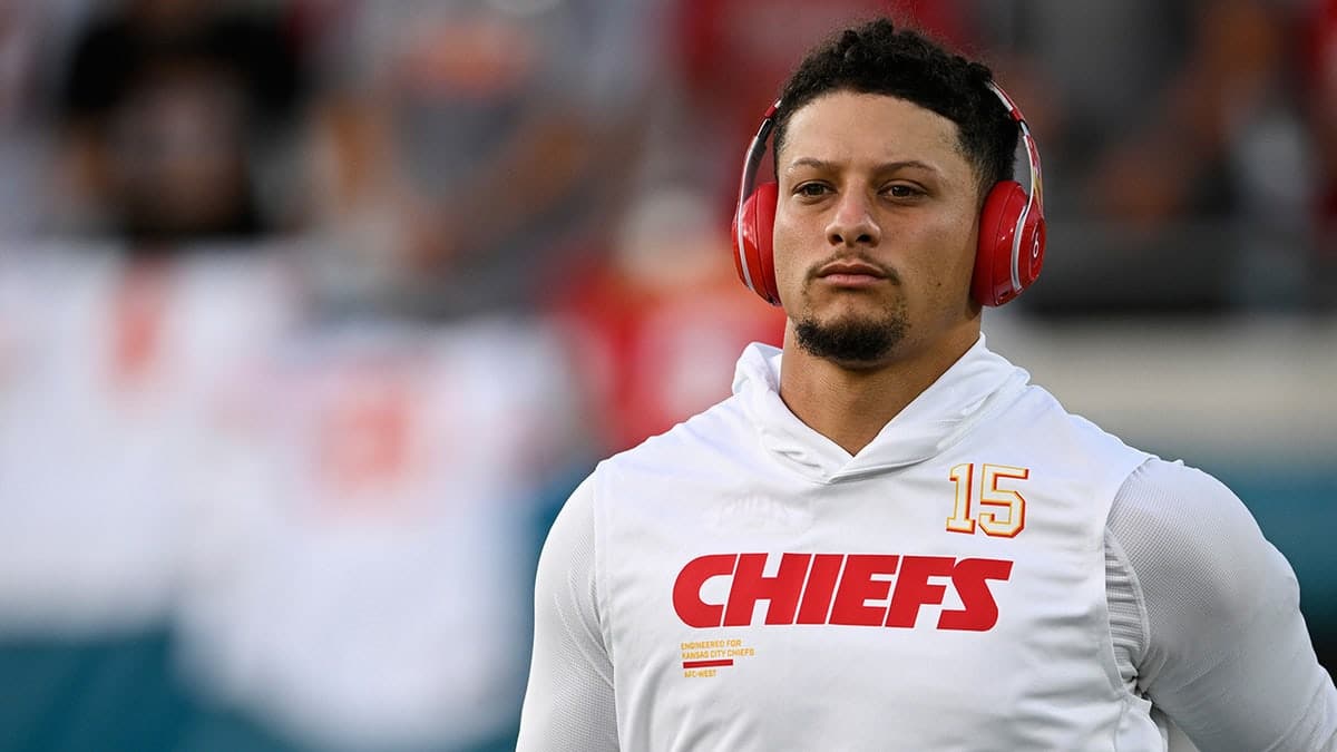 Patrick Mahomes warming up on the field before an NFL game in Jacksonville