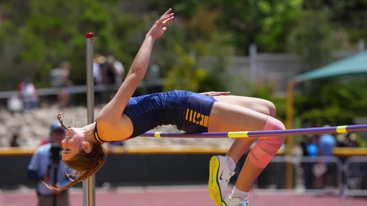 Olivia Viola jumping during girls high jump event at Moorpark High School