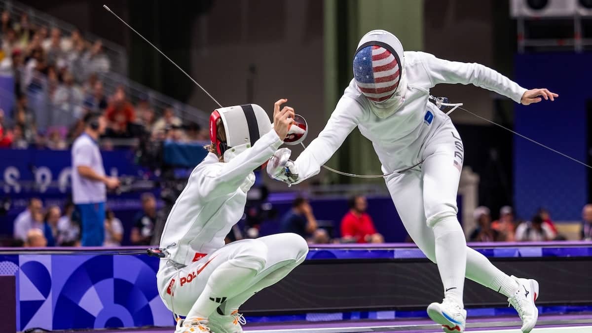 Alicja Klasik and Margherita Guzzi Vincenti fencing during Olympic Games Paris 2024