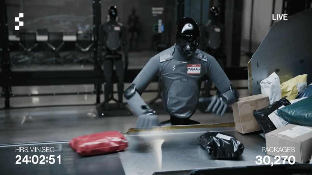 A humanoid robot handling a package