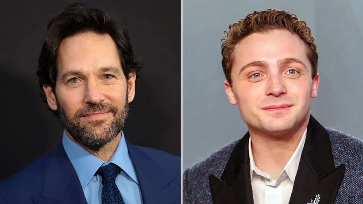 Paul Rudd in a suit split with a photo of Jake Shane on a red carpet.