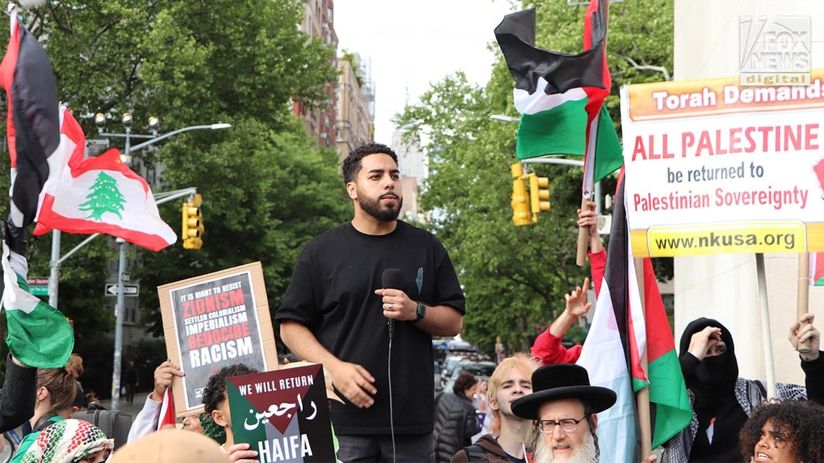 Abdullah Akl speaking at Nakba 78 protest near Washington Square Park in New York City
