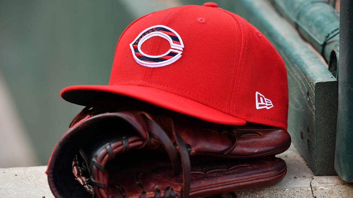 A Cincinnati Reds cap with special logo during a game at Great American Ball Park.