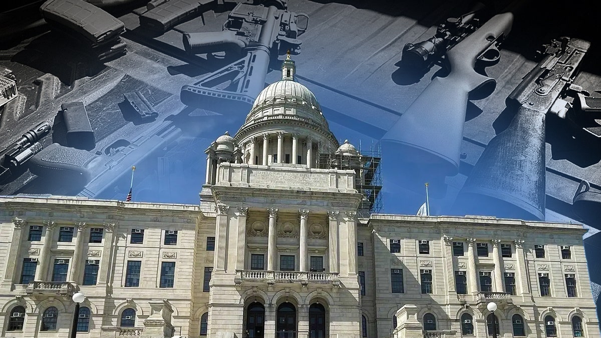 Rhode Island General Assembly with guns in the background