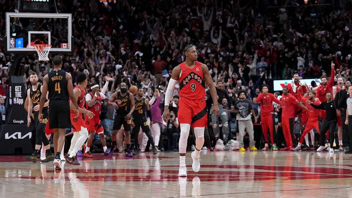 Toronto Raptors forward RJ Barrett reacts after scoring winning basket in overtime