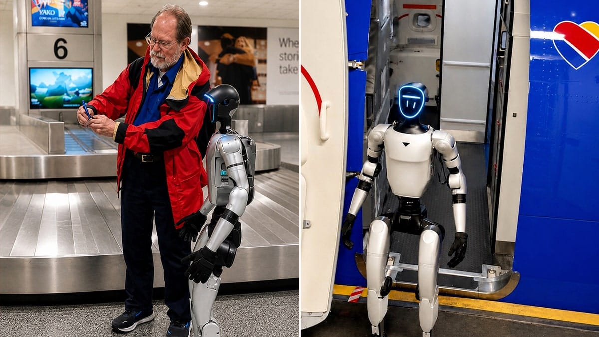 Humanoid robot standing beside a man at an airport baggage claim area, while another image shows the robot boarding a Southwest Airlines plane.