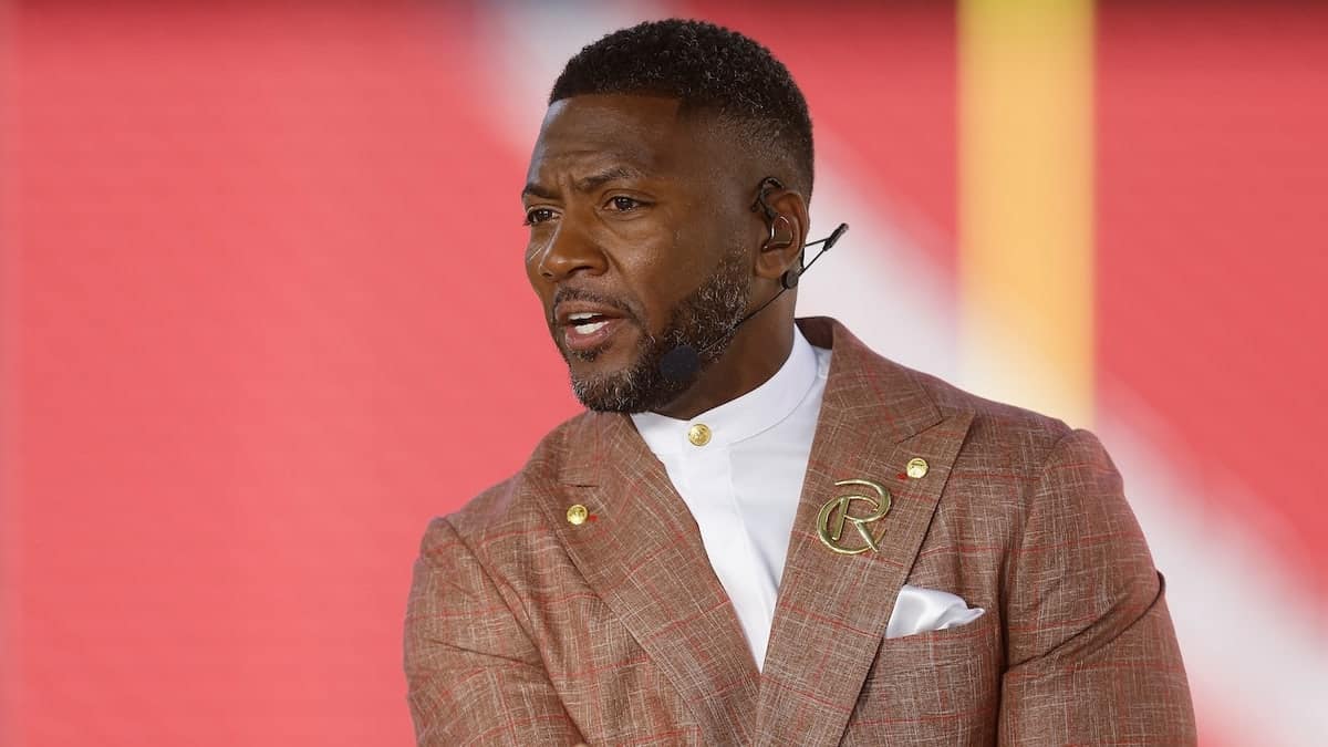 ESPN analyst Ryan Clark broadcasting from the field at Levi's Stadium