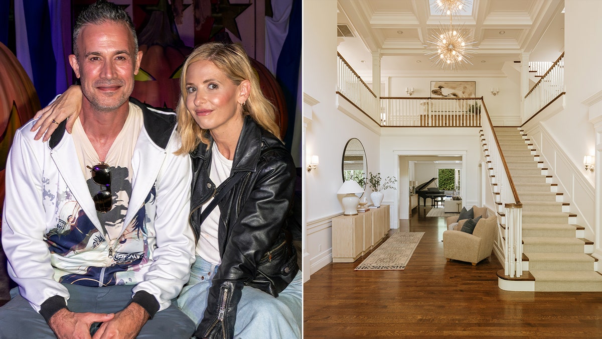A split image of Sarah Michelle Gellar and Freddie Prinze Jr. and the inside of their home.