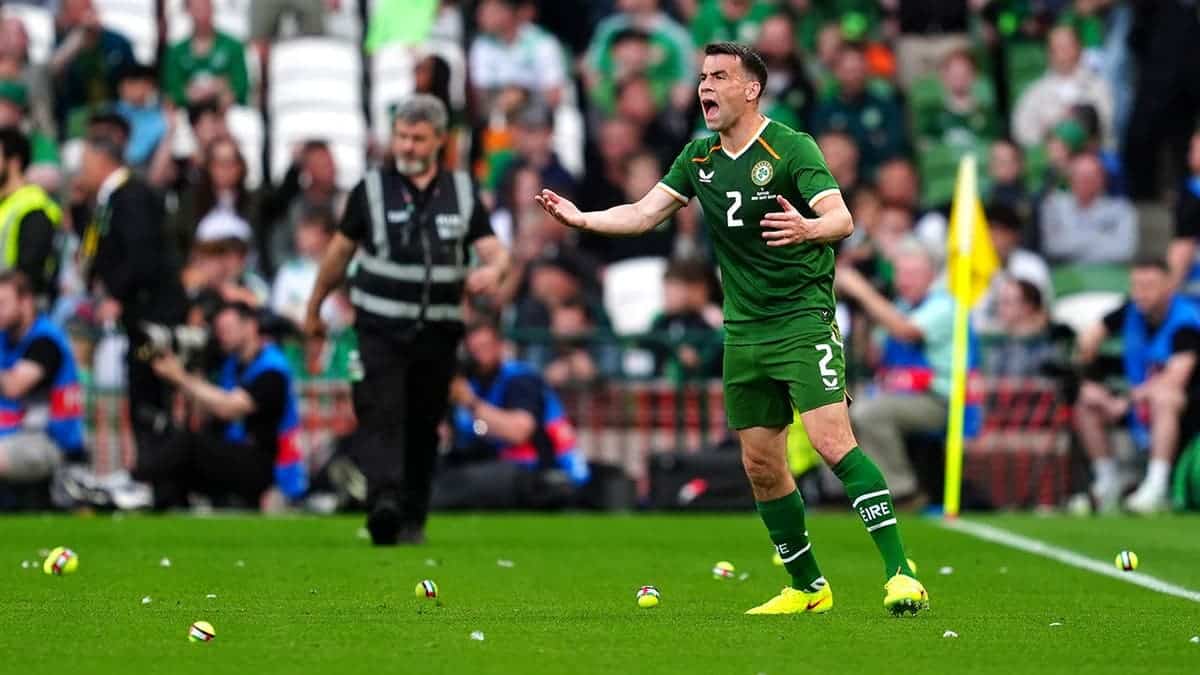 Republic of Ireland's Seamus Coleman reacting on the pitch at Aviva Stadium