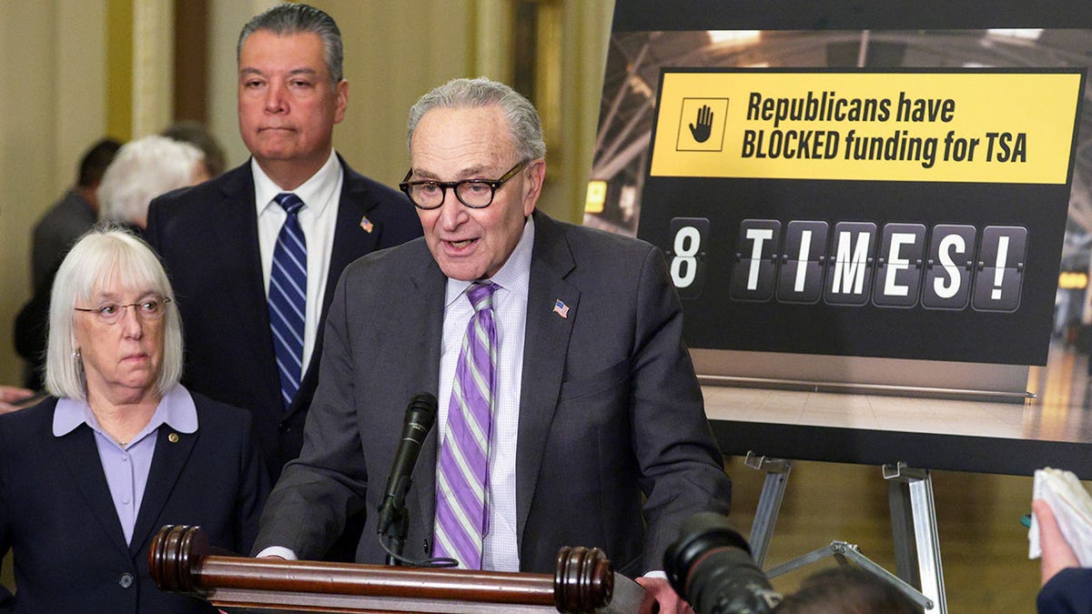 Senate Minority Leader Chuck Schumer speaking with Senators Alex Padilla and Patty Murray at the U.S. Capitol