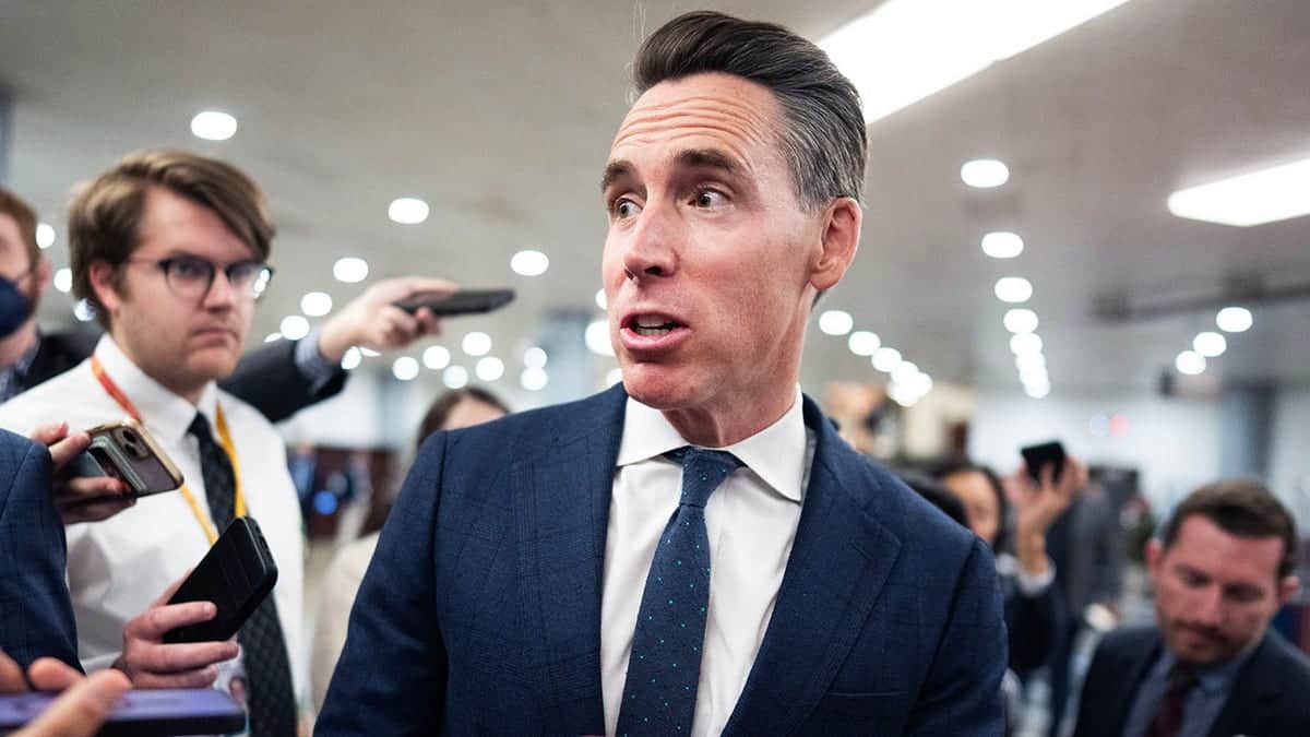 Sen. Josh Hawley speaking to reporters at the U.S. Capitol