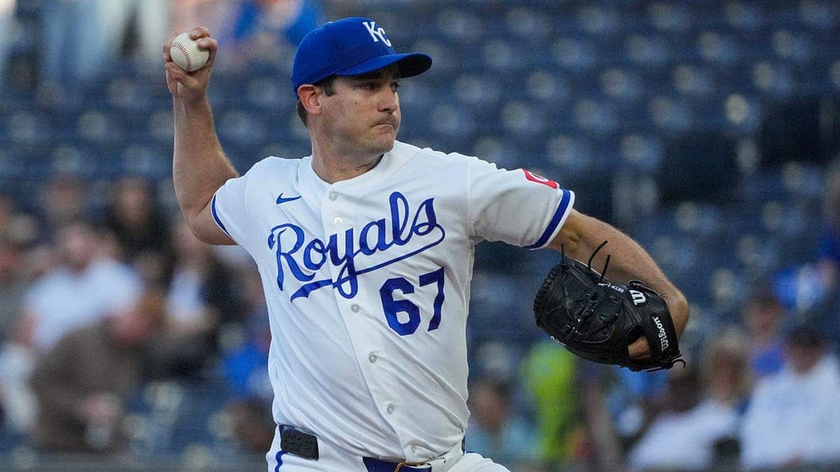 Kansas City Royals pitcher Seth Lugo delivering a pitch at Kauffman Stadium