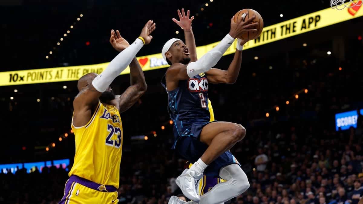 Oklahoma City Thunder's Shai Gilgeous-Alexander gets a layup vs. the Los Angeles Lakers in Game 2 of the 2026 Western Conference Semifinals at Paycom Center.