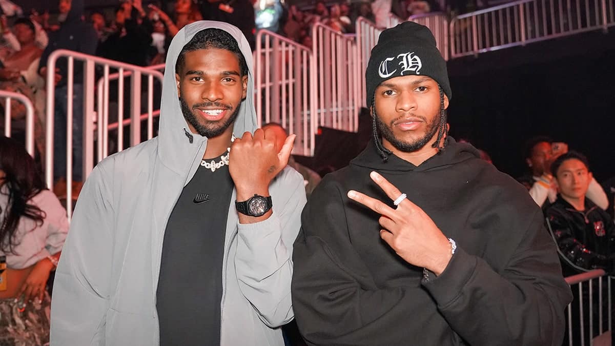 Shedeur Sanders and Shilo Sanders standing together at State Farm Arena in Atlanta