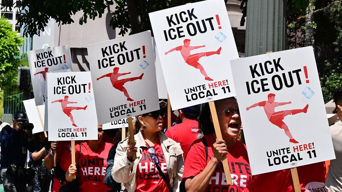 SOFI stadium workers protesting outside FIFA World Cup 26 Los Angeles office