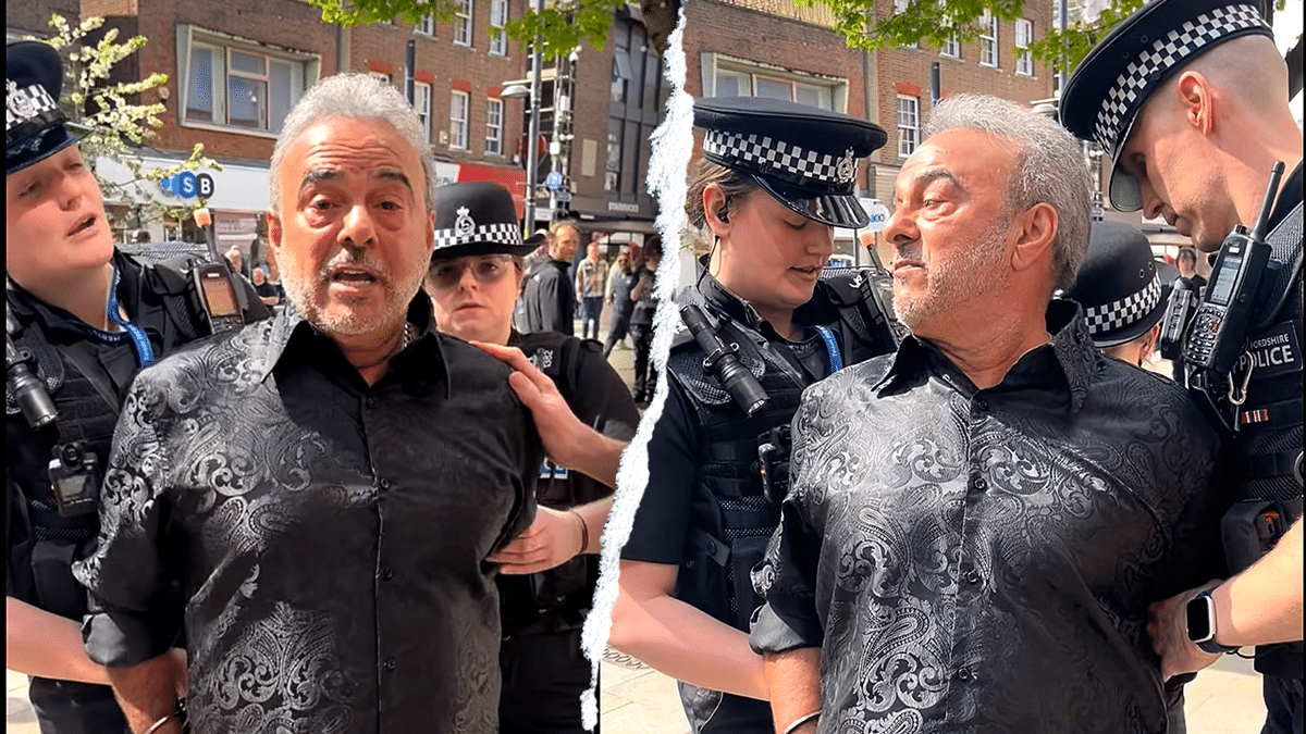 Video screenshots of Pastor Steve Maile being arrested by UK police on April 18, 2026.
