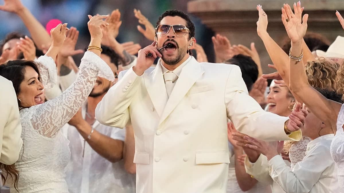 Bad Bunny performing on stage during NFL Super Bowl halftime show