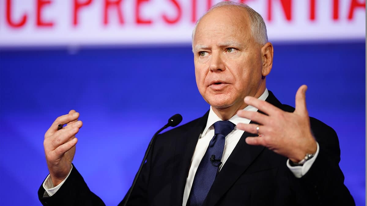 Minnesota Gov. Tim Walz speaking during a debate at the CBS Broadcast Center in New York City