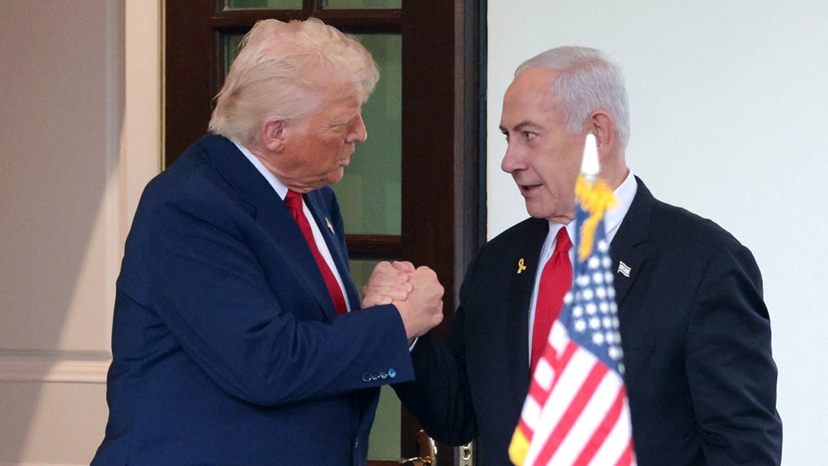 President Donald Trump waving goodbye to Israeli Prime Minister Benjamin Netanyahu outside the White House