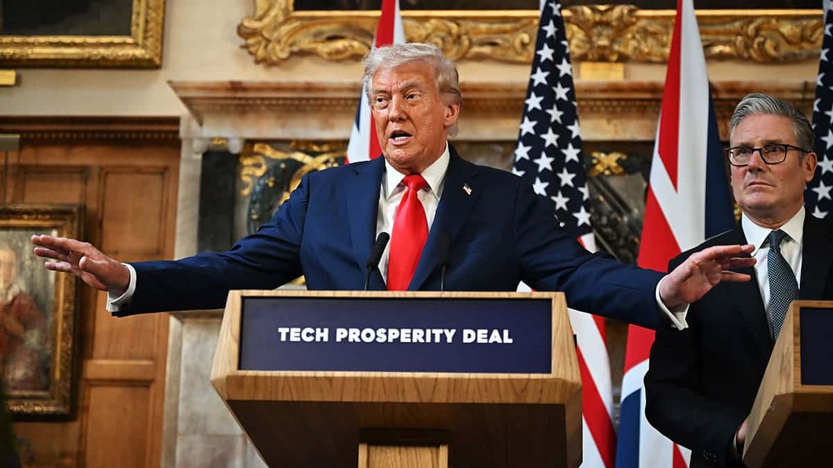 U.S. President Donald Trump speaking at a press conference with UK Prime Minister Keir Starmer at Chequers