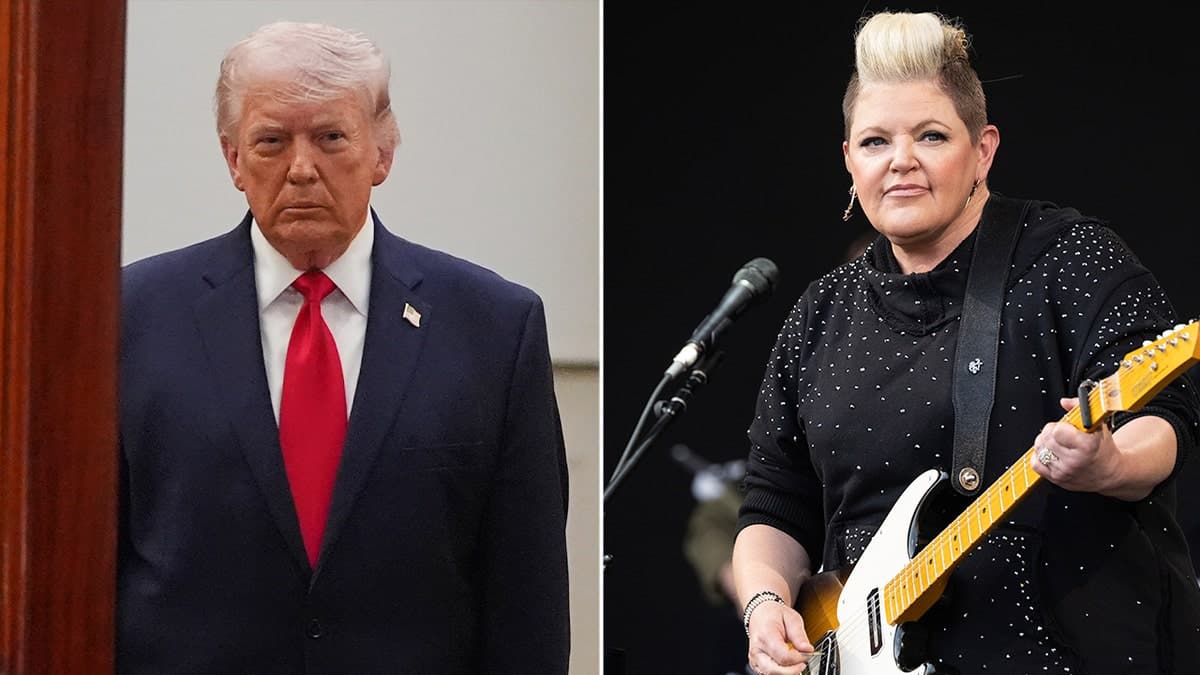 Split photo of Donald Trump speaks at the White House; Natalie Maines performs onstage at Glastonbury Festival.