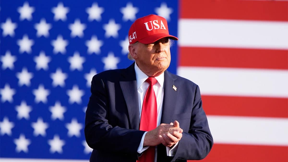 President Donald Trump speaking at a rally at the Iowa State Fairgrounds