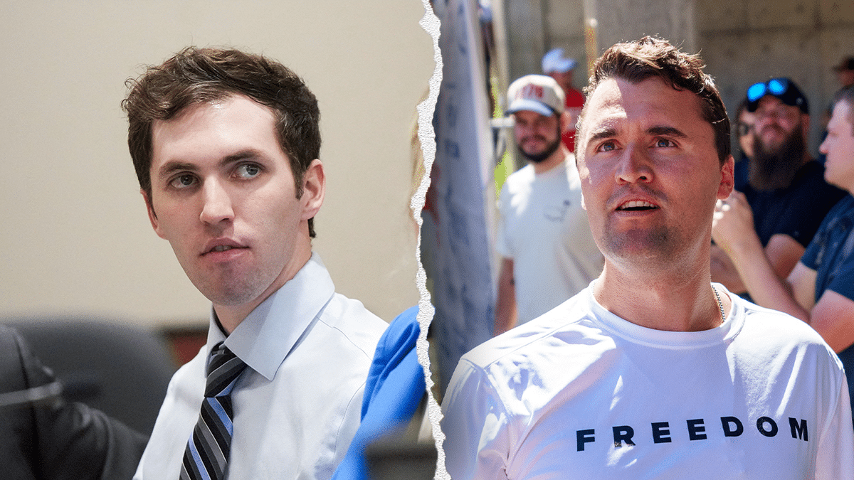 Tyler Robinson wearing shirt and tie in court and Charlie Kirk wearing Freedom T-shirt at event