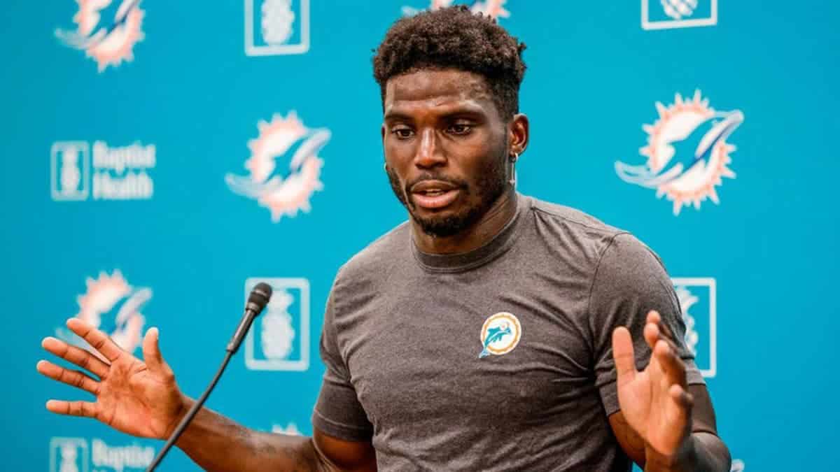 Tyreek Hill speaking to reporters at Baptist Health Training Complex in Miami Gardens Florida