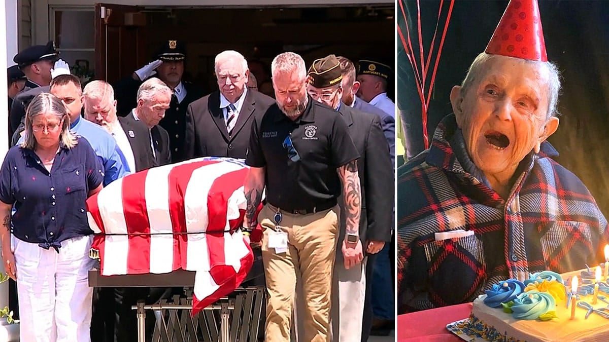 Flag-draped coffin of WWII Navy veteran John Bernard Arnold III is carried from St. Joseph the Worker Church as mourners gather to honor him alongside a photo of Arnold celebrating a birthday.