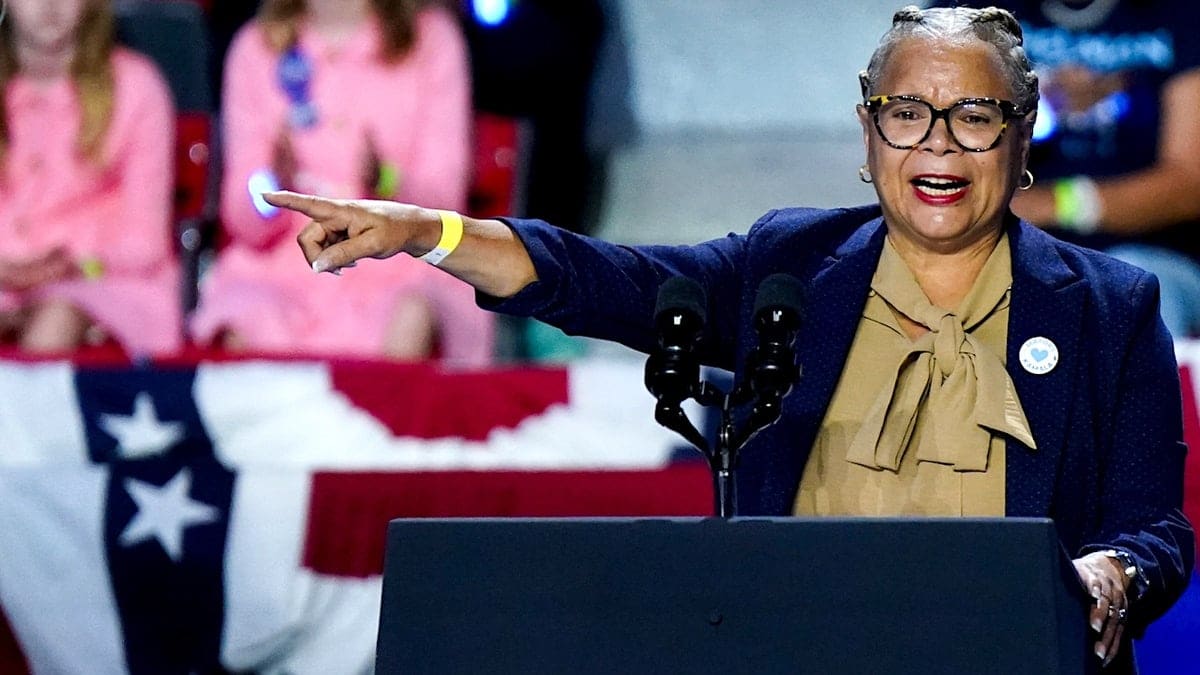 Charlotte Mayor Vi Lyles, 73, points during a campaign stump speech