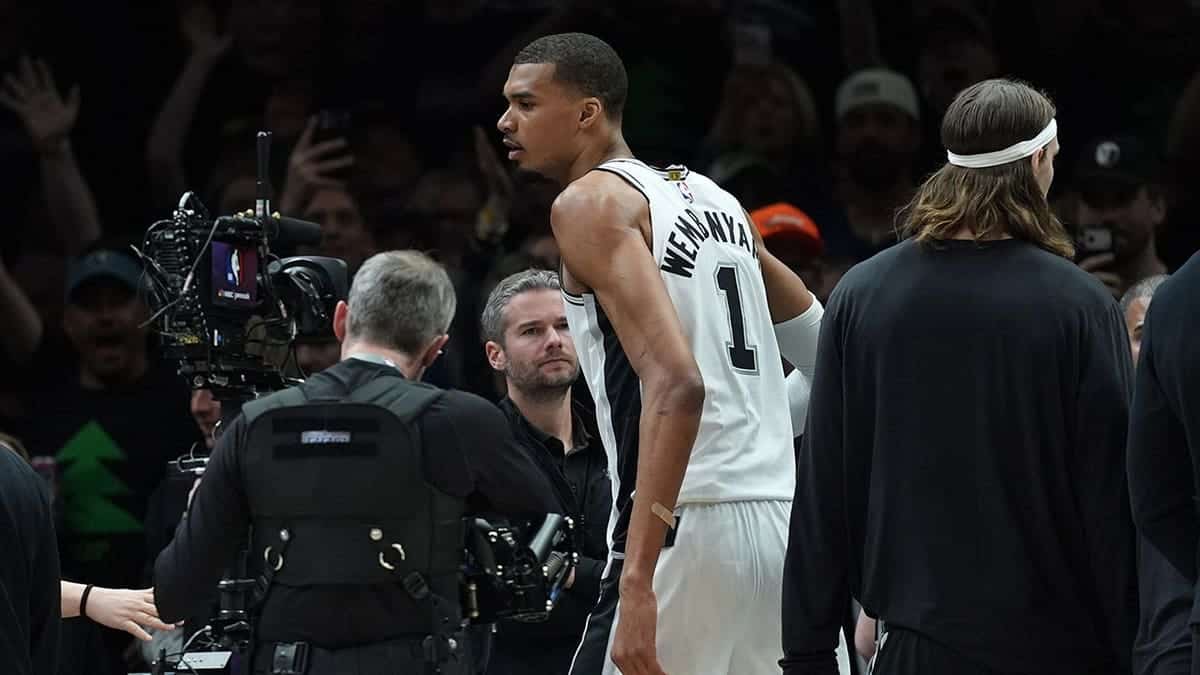 San Antonio Spurs forward Victor Wembanyama reacting after ejection during NBA playoff game