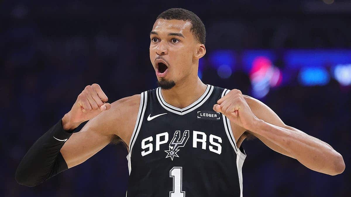 Victor Wembanyama of the San Antonio Spurs reacts during NBA Western Conference Finals game