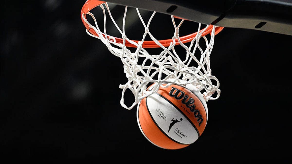 A basketball with Wilson and WNBA logos going through the net.
