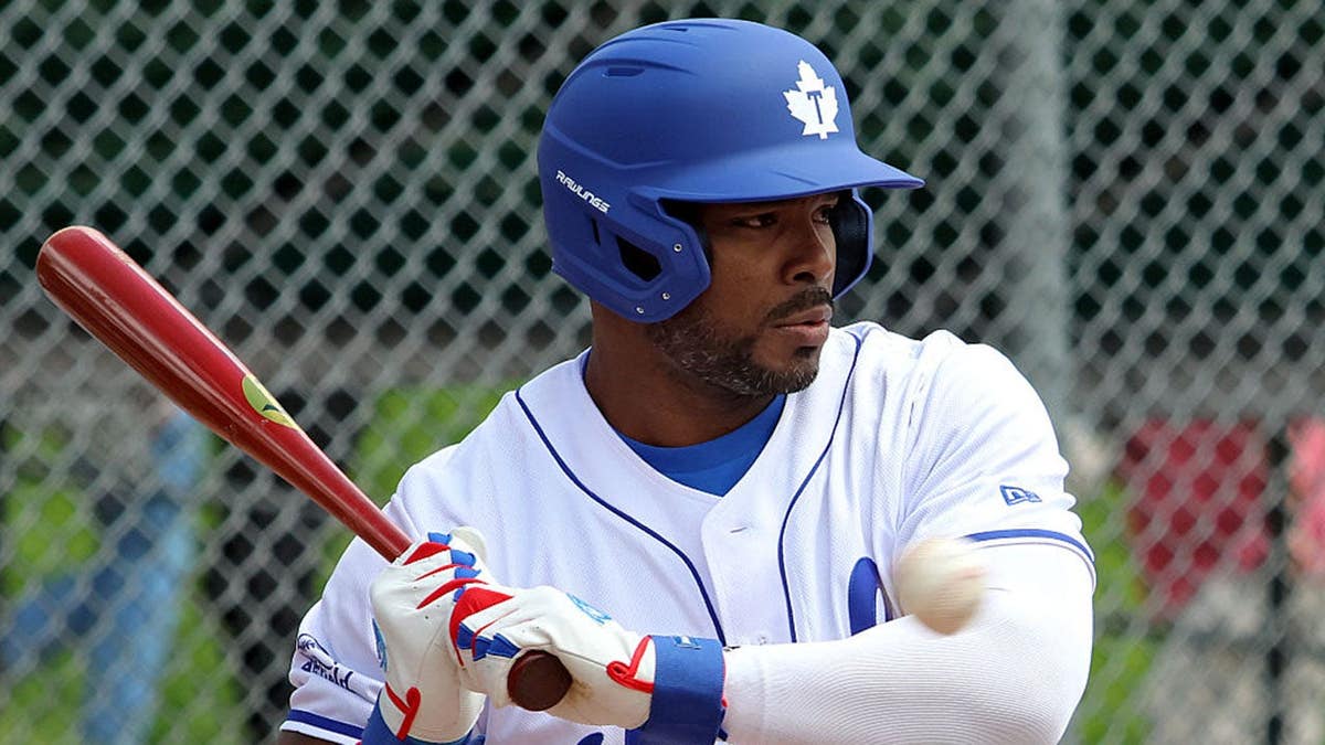 Yasiel Puig batting during Canadian Baseball League debut in Toronto