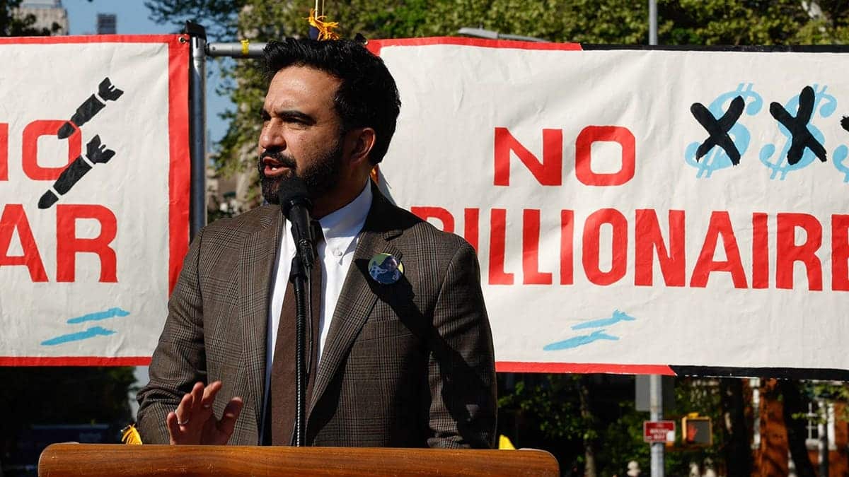 New York City Mayor Zohran Mamdani speaking at a May Day rally