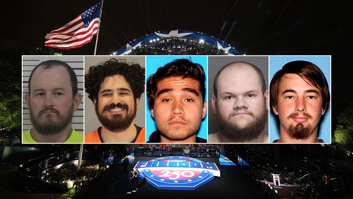 Composite image showing the five suspects charged in an alleged White House UFC Freedom 250 attack plot