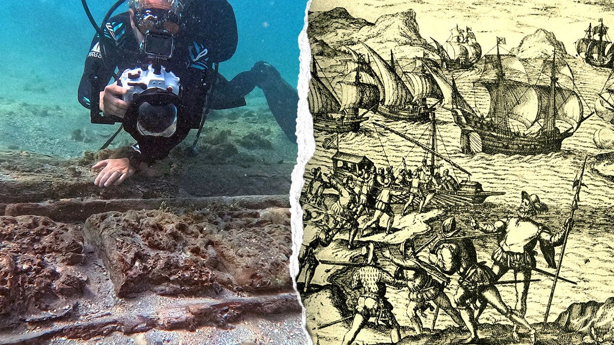 Split image of diver looking at wreck and illustration of pirates