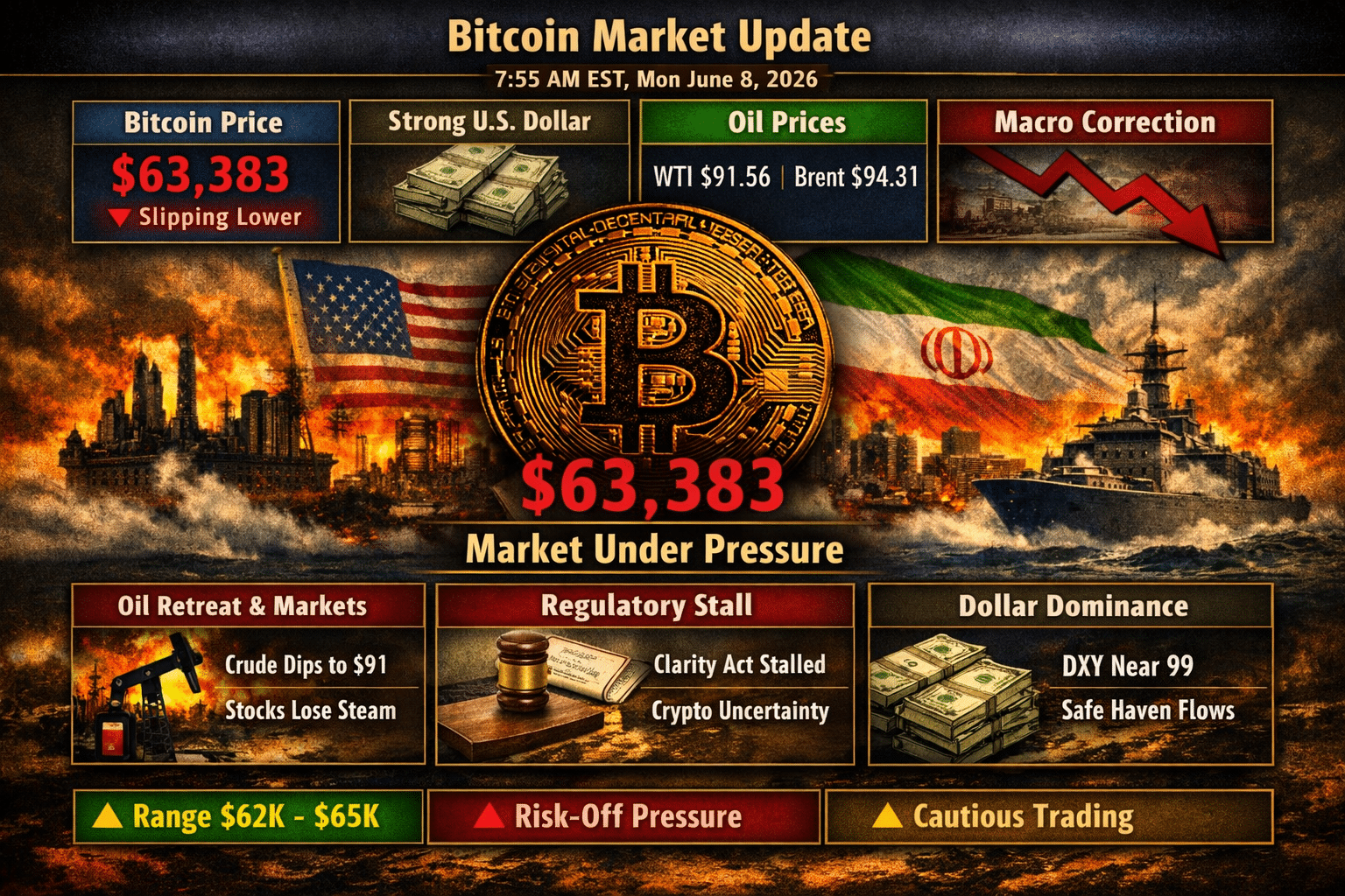 Bitcoin Slides to $63K as the Mighty U.S. Dollar Crushes Risk and Oil Retreats Below $95