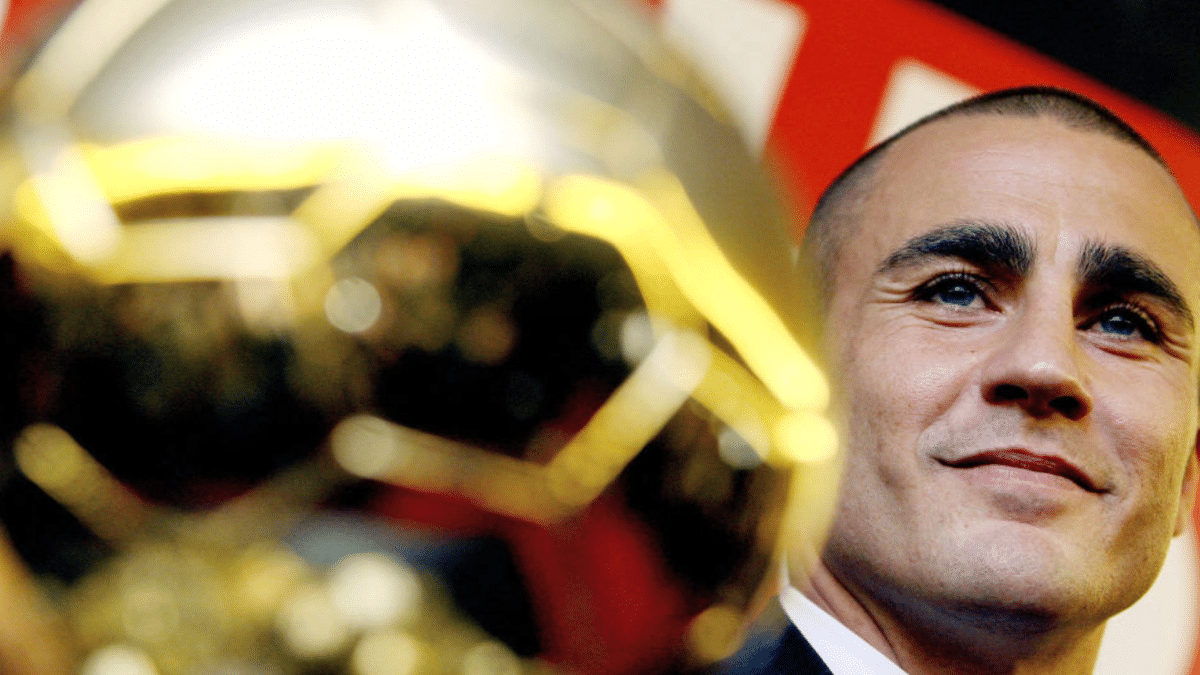 Fabio Cannavaro posing next to his Ballon d'Or trophy in Paris.