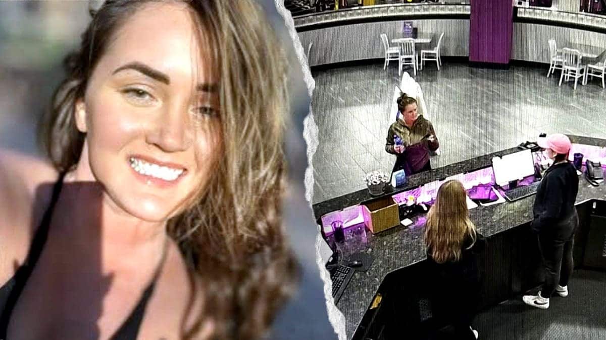 A composite image of Elena Katherine Moore smiling split with a surveillance photo of her standing inside a Planet Fitness