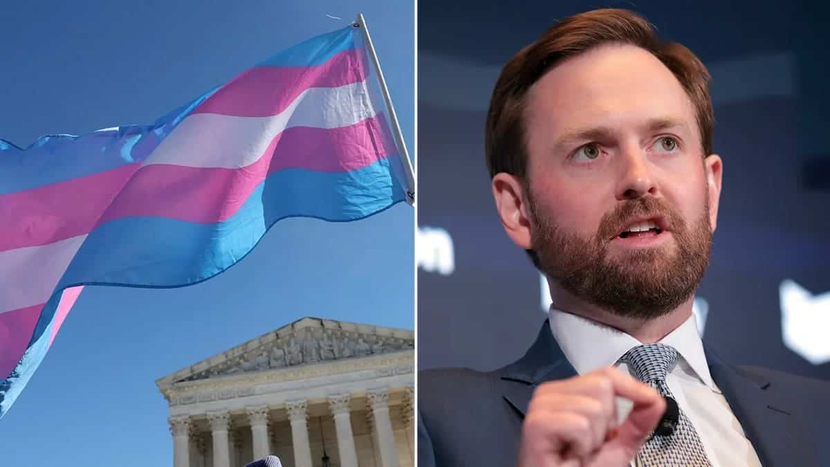 Split image of a transgender flag and the FTC Chairman Andrew Ferguson