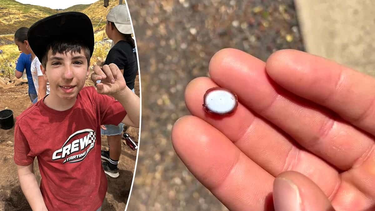 Boy smiling while holding gemstone, close-up of artifact